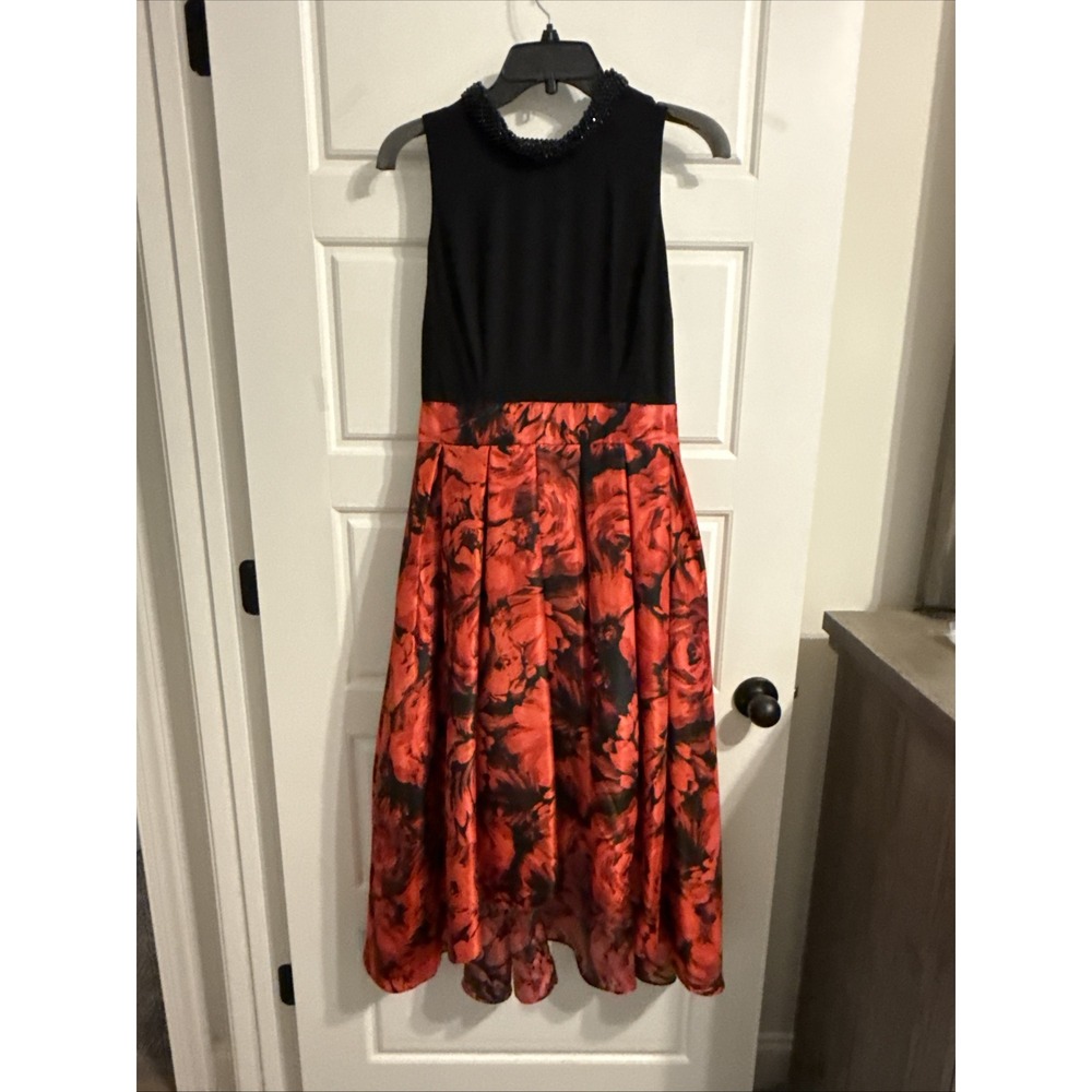 Ignite Evenings - Double Layer Pleated Evening Dress, Floral Black/Red‎ 6